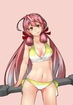  &gt;:) akashi_(kantai_collection) bikini breasts green_eyes hair_ribbon highres kantai_collection large_breasts long_hair midriff nanao_(aoyamahikari) oversized_object pink_hair ribbon smile solo swimsuit tress_ribbon v-shaped_eyebrows wrench 