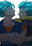  2boys blue_eyes blue_hair crossed_arms dragon_ball dragon_ball_super dragon_ball_super_broly dragonball_z earrings expressionless facing_away frown gloves gogeta jewelry looking_back male_focus multiple_boys potara_earrings profile serious shaded_face short_hair simple_background spiked_hair super_saiyan_blue tako_jirou vegetto white_background white_gloves 