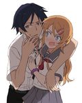  1girl arm_around_shoulder black_hair blonde_hair blue_eyes blush brother_and_sister commentary_request grey_eyes hair_ornament hairclip kousaka_kirino kousaka_kyousuke maromi_(am97) neckerchief open_mouth ore_no_imouto_ga_konna_ni_kawaii_wake_ga_nai pants pleated_skirt school_uniform serafuku shirt siblings skirt wavy_mouth wrist_cuffs 