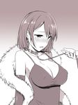  blush breasts collar covered_nipples elbow_gloves feather_boa gloves large_breasts leash mole mole_under_eye monochrome original short_hair solo_focus zaxwu 