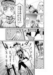  bare_shoulders bismarck_(kantai_collection) comic greyscale hat kantai_collection long_hair low_twintails microskirt military military_uniform monochrome multiple_girls nanateru peaked_cap prinz_eugen_(kantai_collection) skirt squat_toilet thighhighs translated twintails typo uniform 