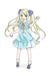  blonde_hair commentary_request dress flat_chest full_body green_eyes hair_ribbon long_hair loose_socks mizutama ribbon socks solo twintails uq_holder! yukihiro_mizore 