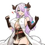  blush breasts covered_nipples draph elbow_gloves gloves granblue_fantasy hair_over_one_eye heart horns large_breasts long_hair narmaya_(granblue_fantasy) no_panties pointy_ears simple_background smile solo thighhighs white_background zaxwu 