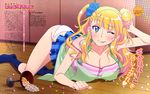 ;p absurdres all_fours apron blonde_hair blue_eyes blue_scrunchie blush breasts camisole candy character_name cleavage collarbone copyright_name cup dojikko eyeshadow food fujii_yui galko hair_bun hair_ornament hair_scrunchie hand_behind_head highres large_breasts long_hair makeup navy_blue_legwear no_shoes on_floor one_eye_closed one_side_up oshiete!_galko-chan panties scan scrunchie skirt skirt_lift smile socks solo spill strap_slip tongue tongue_out top-down_bottom-up underwear white_panties 