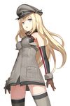  bare_shoulders bismarck_(kantai_collection) blonde_hair blue_eyes gloves hat kantai_collection keemu_(occhoko-cho) long_hair open_mouth peaked_cap solo thighhighs thighs uniform 