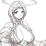  braid breasts center_opening charite_machina_(p&amp;d) diadem hair_over_shoulder halo large_breasts long_hair long_sleeves looking_at_viewer mole mole_under_eye monochrome no_bra puzzle_&amp;_dragons simple_background smile solo twin_braids upper_body white_background zaxwu 