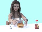  3d breasts brown_eyes brown_hair caucasian cheese commentary digimonforever english_commentary food fork hamburger long_hair medium_breasts non-asian original photorealistic plate render self_upload solo soy_sauce wavy_hair 
