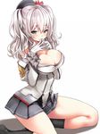  anchor bare_shoulders black_legwear blush breasts cleavage frills gloves green_eyes hat kantai_collection kashima_(kantai_collection) large_breasts long_sleeves silver_hair skirt socks solo takase_muu twintails white_background 