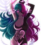  breasts cleavage covered_nipples glowing glowing_eyes green_hair grin hel_(p&amp;d) large_breasts long_hair looking_at_viewer multicolored_hair navel pink_hair puzzle_&amp;_dragons smile solo tattoo two-tone_hair zaxwu 