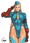  ahoge blue_leotard braid breasts cammy_white fingerless_gloves garrison_cap gloves hat highleg highleg_leotard highres huge_ahoge large_breasts leotard long_hair nameo_(judgemasterkou) necktie ribbed_leotard salute scar serious solo street_fighter street_fighter_zero_(series) turtleneck twin_braids 