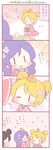  4koma ^_^ alternate_hairstyle ayase_eli black_hair blonde_hair blush braid closed_eyes comic crown dango double_bun eighth_note flower food hair_flower hair_ornament hair_up heart hina_ningyou hinamatsuri hishimochi japanese_clothes kimono love_live! love_live!_school_idol_project multiple_girls musical_note one_eye_closed purple_hair saishi saku_usako_(rabbit) sanshoku_dango toujou_nozomi translated twin_braids wagashi yazawa_nico |_| 