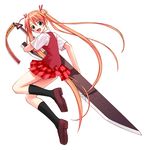  akamatsu_ken bell blue_eyes ensis_exorcizans full_body greatsword green_eyes hair_bell hair_ornament heterochromia huge_weapon kagurazaka_asuna loafers long_hair mahora_academy_middle_school_uniform mahou_sensei_negima! open_mouth orange_hair plaid plaid_skirt pleated_skirt school_uniform shoes skirt smile socks solo sword twintails very_long_hair vest weapon 