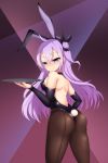  1girl absurdres ahoge animal_ears azur_lane backless_outfit bare_shoulders blush bunny_ears bunny_girl bunnysuit commentary_request detached_sleeves fake_animal_ears fake_tail from_behind fune_yoi hair_ribbon hairband heart heart-shaped_pupils highres holding holding_tray long_hair looking_at_viewer one_side_up pantyhose purple_eyes purple_hair ribbon smile solo symbol-shaped_pupils tail tray unicorn_(azur_lane) very_long_hair 