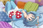  :d arm_above_head barefoot bed_sheet blue_eyes blue_hair blush breasts cleavage collarbone frilled_pillow frills gecchu highres long_sleeves looking_at_viewer lying mahou_shoujo_madoka_magica medium_breasts miki_sayaka on_back on_bed open_mouth pajamas pillow shiny shiny_hair short_hair smile solo soul_gem star star_print striped_pillow unbuttoned upside-down 