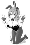  blush breasts bunnysuit cleavage gloves greyscale kneeling large_breasts monochrome pantyhose simple_background solo white_background zaxwu 