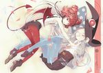  2girls boots eyepatch gin_(oyoyo) hat long_hair original pantyhose red_hair skirt tail tie white_hair wings witch_hat 