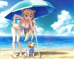  alice_third_macy animal barefoot beach bikini blonde_hair blue_eyes blush breasts cleavage clouds cube dog kantoku koi_suru_kanojo_no_bukiyou_na_butai long_hair scan swimsuit umbrella water 