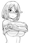  blush breasts greyscale large_breasts monochrome original shirt_lift short_hair simple_background solo underboob undressing white_background zaxwu 