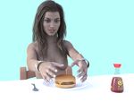  3d areolae breasts brown_eyes brown_hair caucasian cheese commentary digimonforever english_commentary food fork hamburger long_hair medium_breasts nipples non-asian nude original photorealistic plate render self_upload solo soy_sauce wavy_hair 