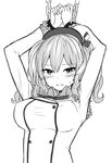  arms_up blush breasts chain greyscale kantai_collection kashima_(kantai_collection) large_breasts looking_at_viewer monochrome restrained simple_background smile solo sweat white_background zaxwu 