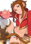  :3 belt boots breasts brown_hair crop_top flying_nimbus food fruit go_robots hairband holding holding_food holding_fruit jewelry midriff monkey_girl monkey_tail navel necklace original peach short_shorts shorts small_breasts solo spread_legs tail thighhighs white_background yellow_eyes 
