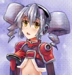  belt disc_(needless) drill_hair headphones kusugu long_hair looking_at_viewer midriff navel needless open_mouth silver_hair solo twin_drills twintails upper_body yellow_eyes 