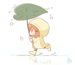  blush_stickers boots brown_hair commentary fang hanomido hood ikazuchi_(kantai_collection) kantai_collection leaf_umbrella minigirl open_mouth rain raincoat rubber_boots running solid_eyes solo |_| 