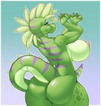  2016 anthro areola bbd big_breasts big_butt breasts butt claws female green_hair green_skin hair huge_breasts iguana lizard nipples nude purple_eyes purple_skin reptile scalie solo standing thick_thighs 