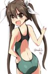 ass back brown_eyes brown_hair competition_swimsuit hair_between_eyes hair_ribbon hand_on_hip kantai_collection long_hair looking_back one-piece_swimsuit open_mouth ribbon smile solo swimsuit tone_(kantai_collection) twintails wahiko_(black_bastard) white_ribbon 