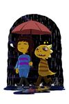  ambiguous_gender clothed clothing duo human mammal monster_kid pdubbsquared protagonist_(undertale) raining umbrella undertale video_games walking 