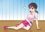  black_eyes black_hair doraemon minamoto_shizuka rin_(oppairin) school_uniform short_hair sitting solo twintails wooden_floor yokozuwari 