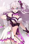  arbiter_cabernet arm_ribbon bare_shoulders bow breasts cleavage detached_collar garter_straps glasses gloves hair_bow heterochromia large_breasts long_hair millgua navel ribbon side_ponytail silver_hair solo sword_girls thighhighs 