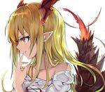  bare_shoulders blonde_hair evil_smile fang finger_to_mouth granblue_fantasy grin head_wings long_hair marisayaka pointy_ears profile red_eyes shingeki_no_bahamut simple_background smile solo upper_body vampy white_background 