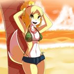  animal_crossing beach breasts canine clothing dalley-le-alpha dog female isabelle_(animal_crossing) mammal nintendo palm_tree pose seaside smile solo swimsuit tree video_games wet 