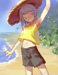  androgynous beach hat highres houlen_yabusame len'en open_mouth short_hair short_hair_with_long_locks shorts silver_eyes silver_hair smile solo straw_hat sun_hat tank_top waving_arm wei_li 