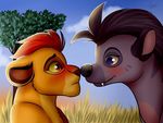  better_version_at_source blush boop cloud cute disney fangs feline female feral fur grass grey_fur hyena jasiri_(tlg) kion lion male male/female mammal nose_boop sky the_lion_guard the_lion_king tree unknown_artist yellow_fur 