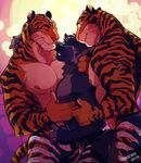  2016 anthro arm_around_shoulders biceps black_fur black_nose canine claws clothed clothing disney eye_contact feline fur group group_sex half-closed_eyes jamzenn looking_back male male/male mammal muscular muscular_male nipples orange_fur pecs raised_arm sex smile standing stripes stripper_tiger_(zootopia) teeth threesome tiger topless whiskers white_fur wolf zootopia 