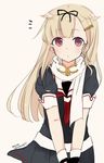  2016 black_ribbon black_serafuku blonde_hair dated gloves hair_flaps hair_ornament hair_ribbon hairclip ibuki_(ibukiro1003) kantai_collection long_hair looking_at_viewer neckerchief red_eyes red_neckwear remodel_(kantai_collection) ribbon scarf school_uniform serafuku short_sleeves simple_background solo straight_hair twitter_username v_arms white_scarf yuudachi_(kantai_collection) 