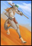  anabel anthro canine clothing desert feather_in_hair fur green_eyes grey_fur hunter kettengrad loincloth male mammal melee_weapon outside polearm solo spear weapon wolf 