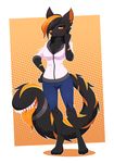  black_fur black_hair canine clothed clothing ember_blackwood female fox full-length_portrait fur hair hoodie mammal markings multicolored_hair orange_eyes orange_hair pants portrait re-sublimity-kun simple_background solo standing tail_mouth two_tone_hair yellow_markings 