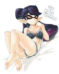  1girl aori_(splatoon) barefoot black_hair blush bow bra breasts cleavage domino_mask earrings eyebrows feet full_body hair_bow highres jewelry kabeu_mariko long_hair looking_at_viewer lying mask medium_breasts mole mole_under_eye panties pointy_ears simple_background solo splatoon_(series) splatoon_1 symbol-shaped_pupils tentacle_hair tentacles thick_eyebrows underwear underwear_only white_background yellow_eyes 