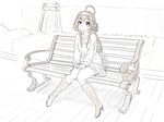  ahoge alternate_costume baffu bench bush collarbone hair_bun hairband headgear highres kantai_collection knees_together_feet_apart kongou_(kantai_collection) long_hair long_sleeves looking_at_viewer looking_up monochrome outdoors sitting sitting_on_bench skirt smile solo tree 
