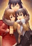  2girls backpack bag black_hair blue_eyes boku_dake_ga_inai_machi brown_eyes brown_hair closed_eyes coat commentary_request fujinuma_sachiko fujinuma_satoru hair_between_eyes highres hinazuki_kayo hug mittens mother_and_son multiple_girls open_mouth randoseru scarf short_hair skirt smile snowing winter_clothes winter_coat yellow_scarf yuasa_tsugumi 