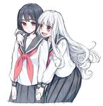  bangs bird bird_type_girl_system black_hair blush holding_hands java_sparrow java_sparrow_(bird_type_girl_system) kari_(kakko_k) long_hair multiple_girls open_mouth original personification red_eyes school_uniform serafuku skirt smile white_hair white_java_sparrow_(bird_type_girl_system) 