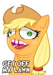  2015 applejack_(mlp) blonde_hair curtsibling derp_eyes digital_media_(artwork) earth_pony english_text equine eyelashes female freckles friendship_is_magic fur green_eyes hair hat horse mammal my_little_pony open_mouth orange_fur parody pony simple_background solo teeth text tongue white_background white_sclera 