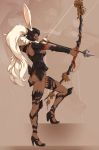  1girl aiming animal_ears armor arrow ass bow_(weapon) breasts bunny_ears commentary dark_skin ears_through_headwear english_commentary final_fantasy final_fantasy_xii fingernails fran from_side full_body greaves helmet high_heels joakim_sandberg knee_pads leg_up long_fingernails long_hair medium_breasts ponytail revealing_clothes shrug_(clothing) sideboob solo vambraces viera weapon white_hair zoom_layer 