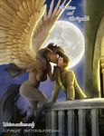  2016 anthro areola bent_over breasts brown_feathers brown_fur brown_hair brown_nipples clothed clothing duo english_text equine eyes_closed feathered_wings feathers female flying fur hair hattonslayden hi_res hooves human interspecies kissing long_hair male male/female mammal nipples nude outside pegasus raised_leg text wings 