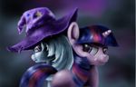  2015 abstract_background blue_fur duo equine female feral friendship_is_magic fur grey_hair hair hat hi_res horn mammal multicolored_hair my_little_pony purple_eyes purple_fur purple_hair reillyington86 smile trixie_(mlp) twilight_sparkle_(mlp) unicorn wizard_hat 