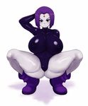  1girl anger_vein angry blush boots breasts cameltoe curvy dc_comics erect_nipples forehead_jewel grey_skin huge_breasts leotard looking_at_viewer mato_spectoru plump purple_hair raven_(dc) short_hair solo spread_legs squatting sweat teen_titans thick_thighs 