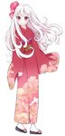  bird_type_girl_system blush bow floral_print full_body hair_bow japanese_clothes kari_(kakko_k) kimono long_hair looking_at_viewer obi okobo original red_eyes sash smile solo white_hair white_java_sparrow_(bird_type_girl_system) 